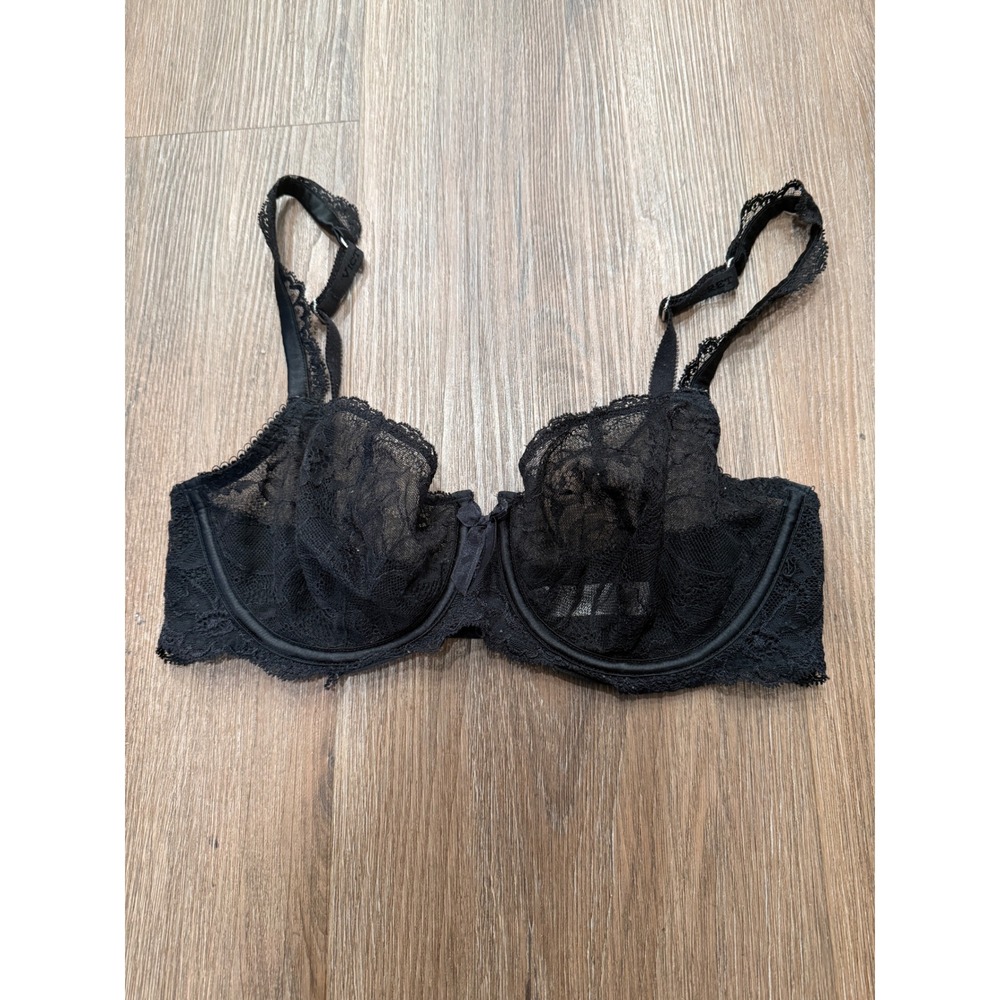 Victorias Secret Black Floral Lace Unlined‎ Demi Bra Underwire 34D